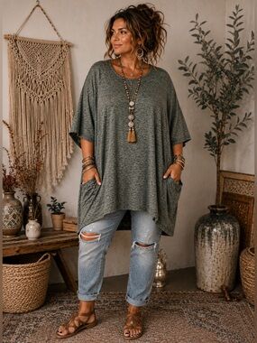Cut Loose Lagenlook Oversized Tunic Sage Green Pockets Top USA OS Boho Hippie
